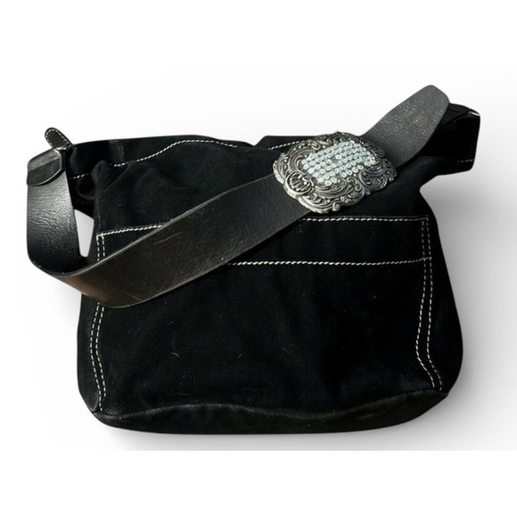 Fossil Black Canvas Suede Feel Shoulder Bag Decorative Buckle Strap ZB9514 - Picture 2 of 9